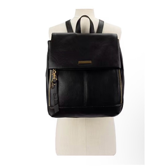 Frye and Co Handbags - NWOT: Frye and Co Black Faux Leather Backpack Gold Hardware Snap Closure Bag